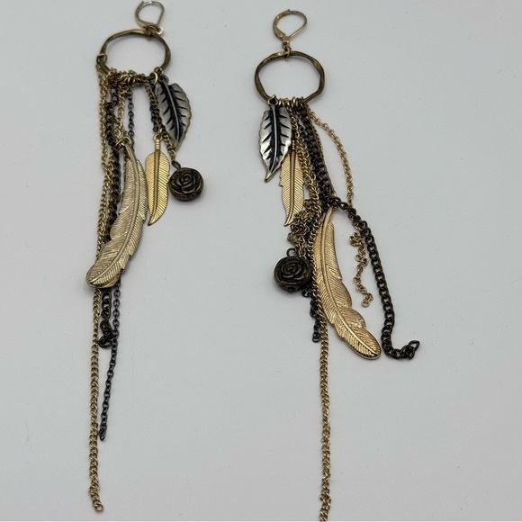 Vintage Style Rose & Feather Chain Drop Earrings Boho Statement Accessory - Picture 1 of 6